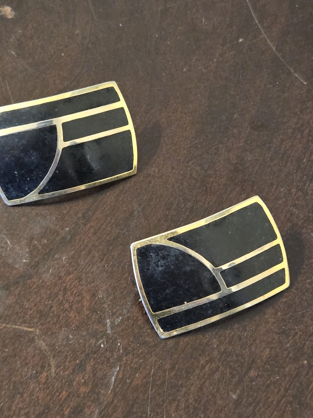 Vintage Black and Gold Toned Enamel Clip On Earrings